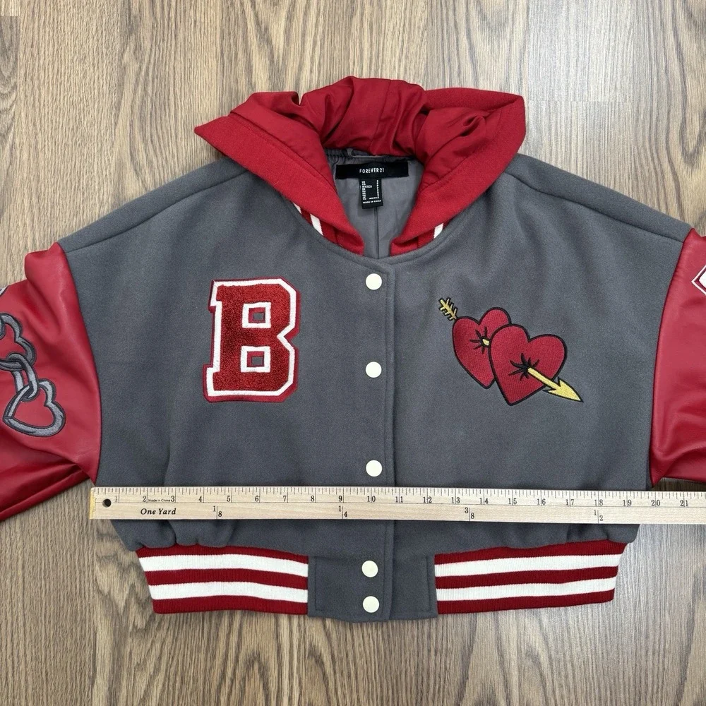 Forever 21 Varsity Jacket Womens Small Red Crop Baby Girl Y2K Bratz Streetwear - Picture 13 of 14